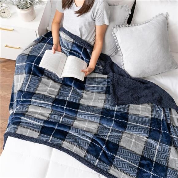 Blue Navy Plaid Sherpa Throw Blanket for Couch Twin, Plush Flannel - Picture 3 of 8